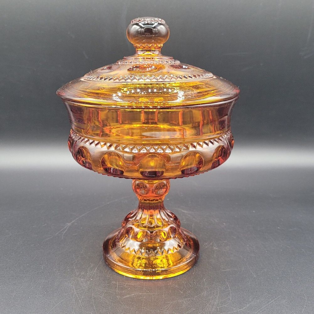 VTG Amberina Indiana Glass Kings Crown Thumbprint Lidded Pedestal Dish